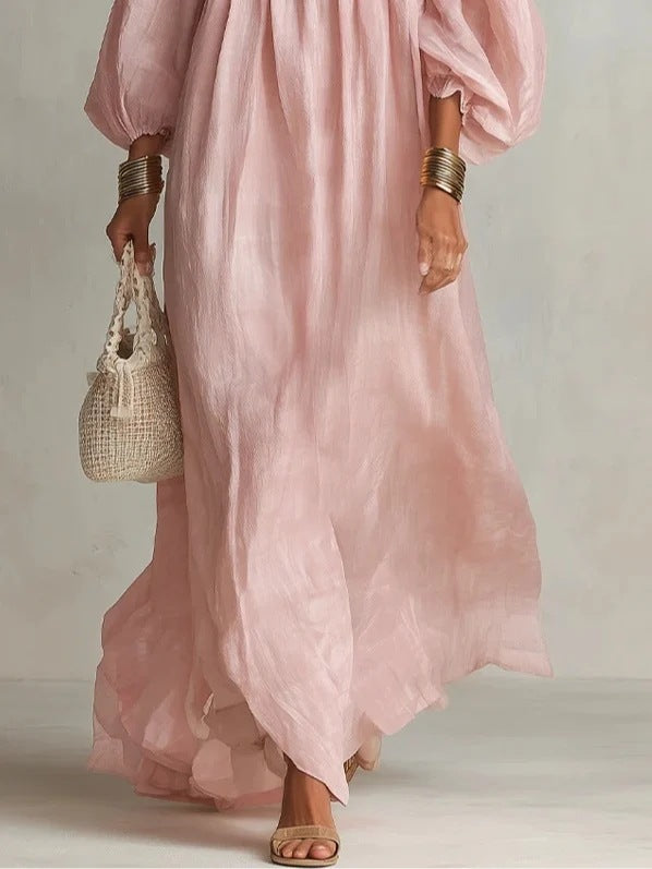 Square Neck Smocked Puff Sleeve Bohemian Maxi Dress