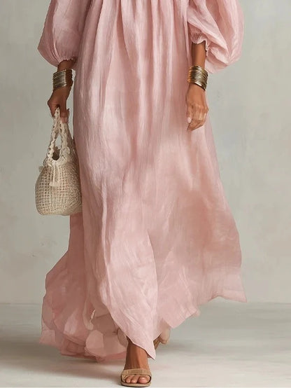 Square Neck Smocked Puff Sleeve Bohemian Maxi Dress