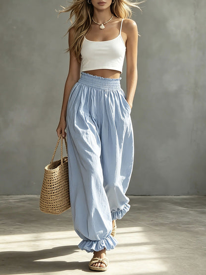 Casual Light Blue Ruffled Lantern Pants Elastic Waist Pants