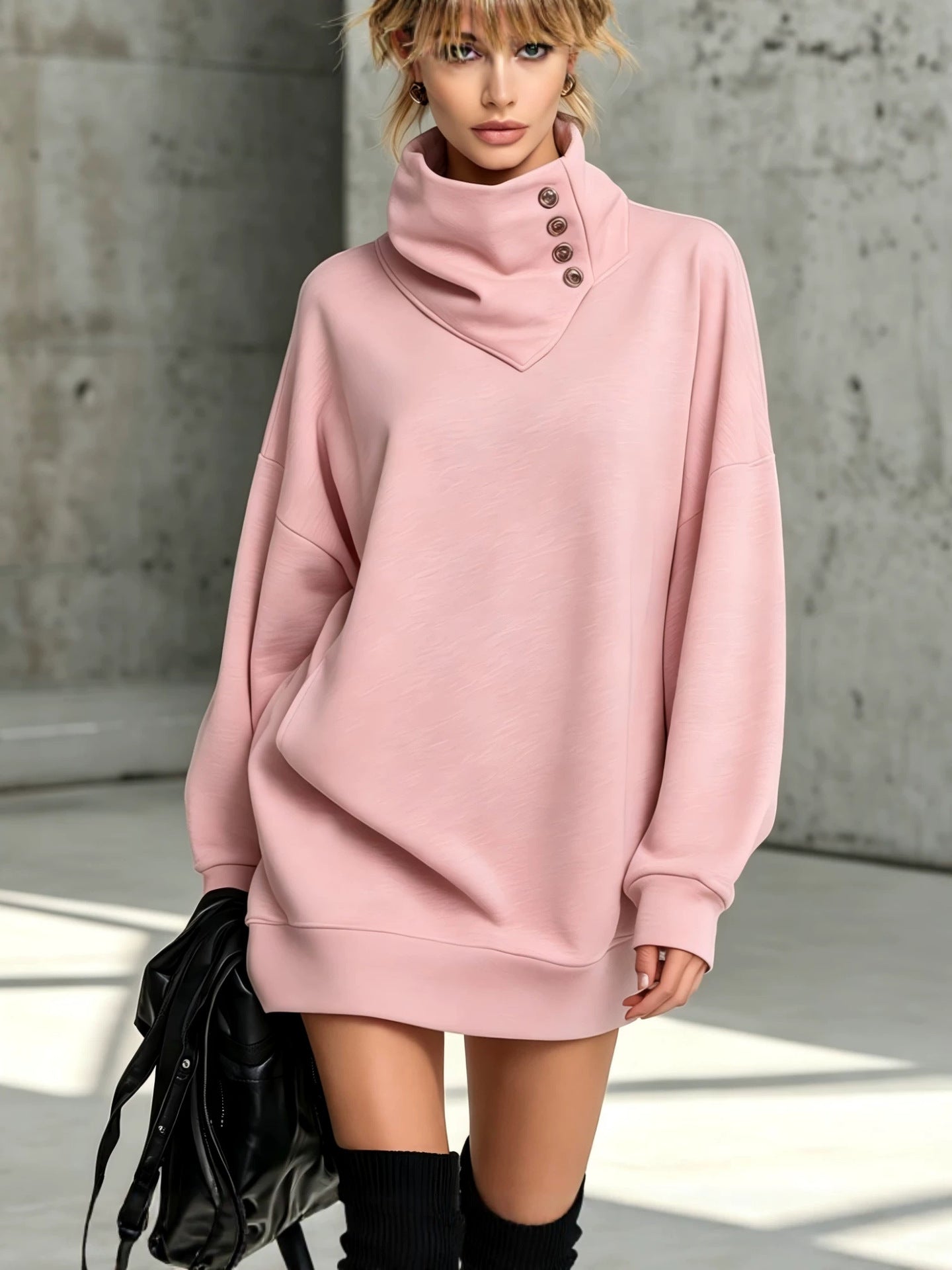 Women's Solid Pink Button-Detail Cowl Neck Long Sweatshirt Tunic Dress