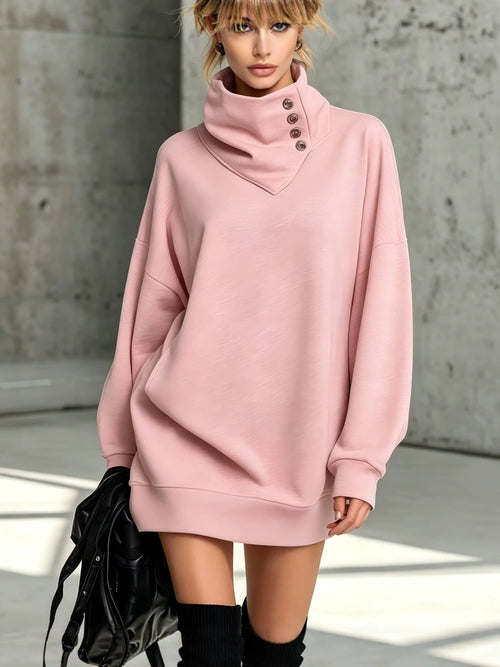 Women's Solid Pink Button-Detail Cowl Neck Long Sweatshirt Tunic Dress