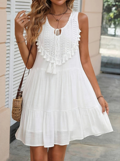 Crochet Lace Tassel‑Trim Sleeveless Tiered Mini Dress