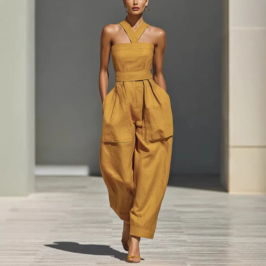Linen Halter Wide Leg Pocketed Jumpsuit