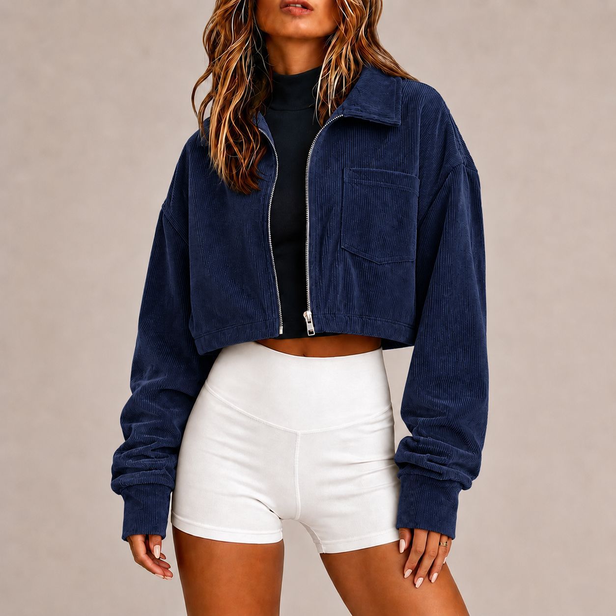 Zip‑Up Collared Corduroy Cropped Jacket With Chest Pocket