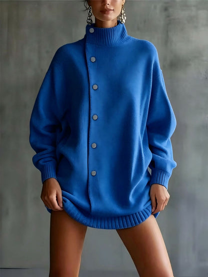 Oversized Asymmetric Button Turtleneck Knit Mini Dress