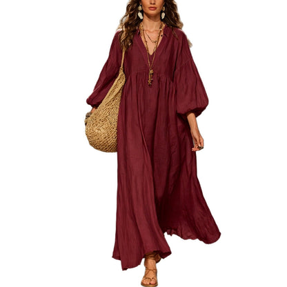 Boho V‑Neck Balloon Sleeve Linen‑Blend Maxi Dress