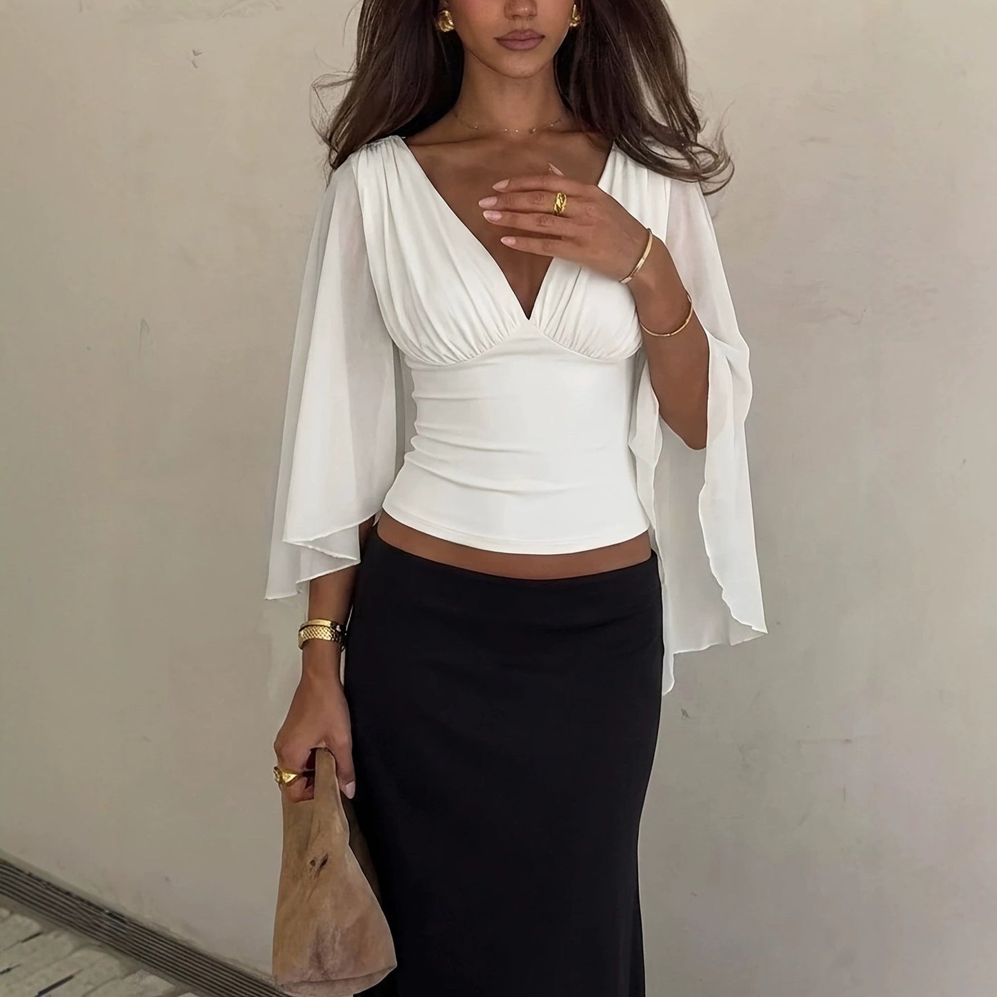 Cape-Sleeve Ruched V-Neck Top