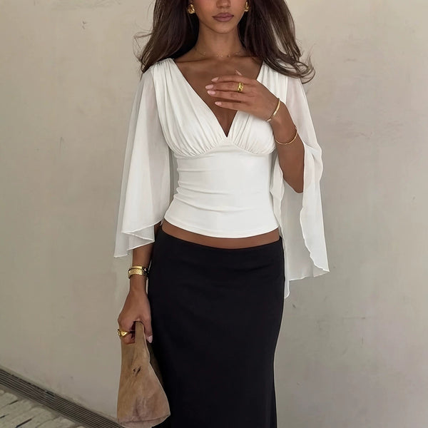 Cape-Sleeve Ruched V-Neck Top