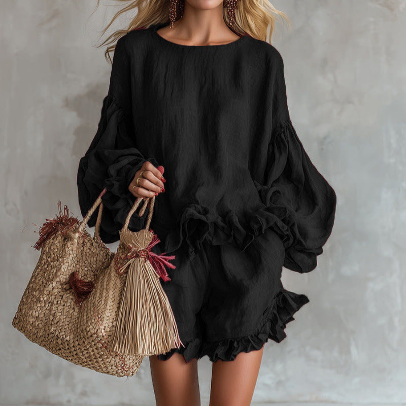Women Ruffle Lantern Sleeve Top & Ruffle Shorts Linen Two‑Piece Matching Set