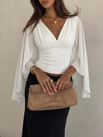 Cape-Sleeve Ruched V-Neck Top