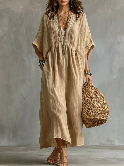 Crinkled V Neck Dolman Sleeve Gathered Waist Kaftan Maxi Dress