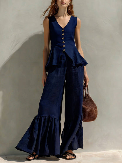 Mustard Linen-Blend Peplum Top & Ruffled Wide-Leg Pants Set
