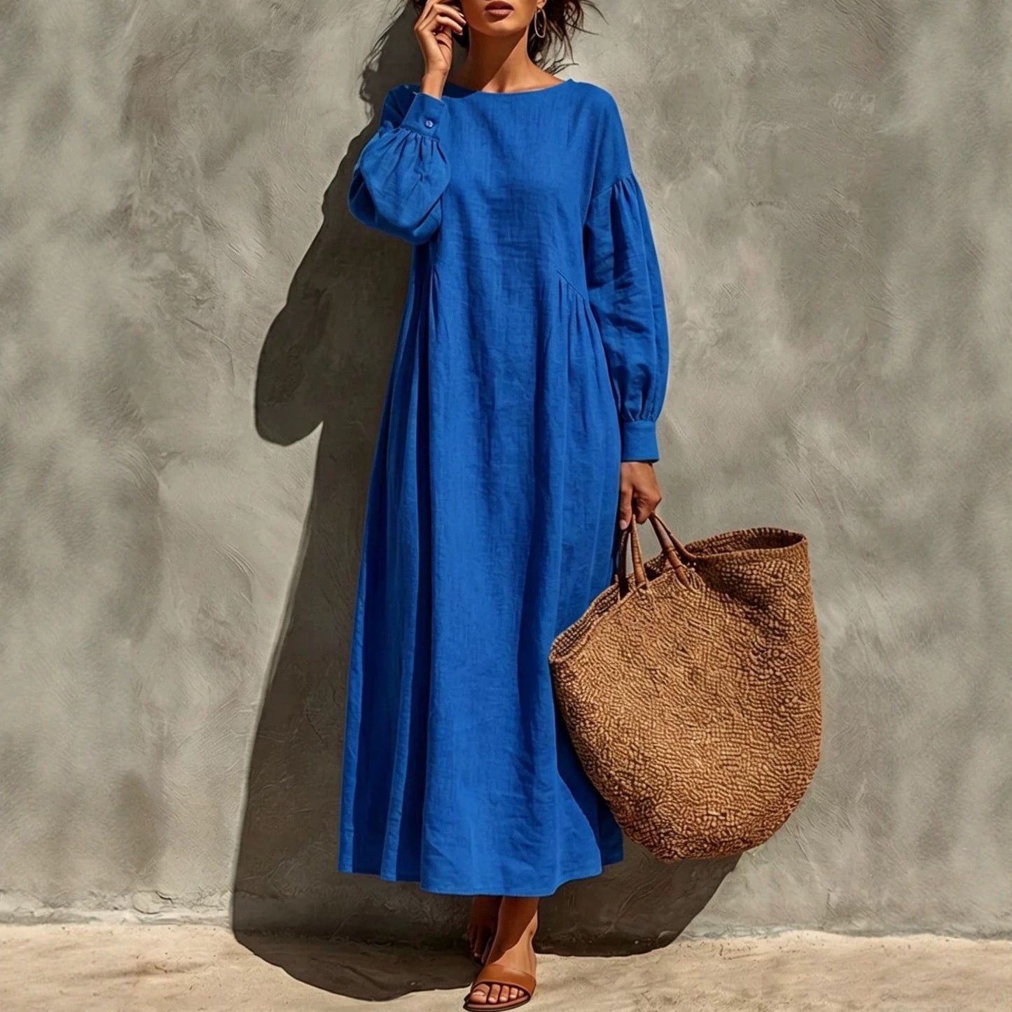 Linen Round Neck Balloon Sleeve Side Gather Midi Tent Dress