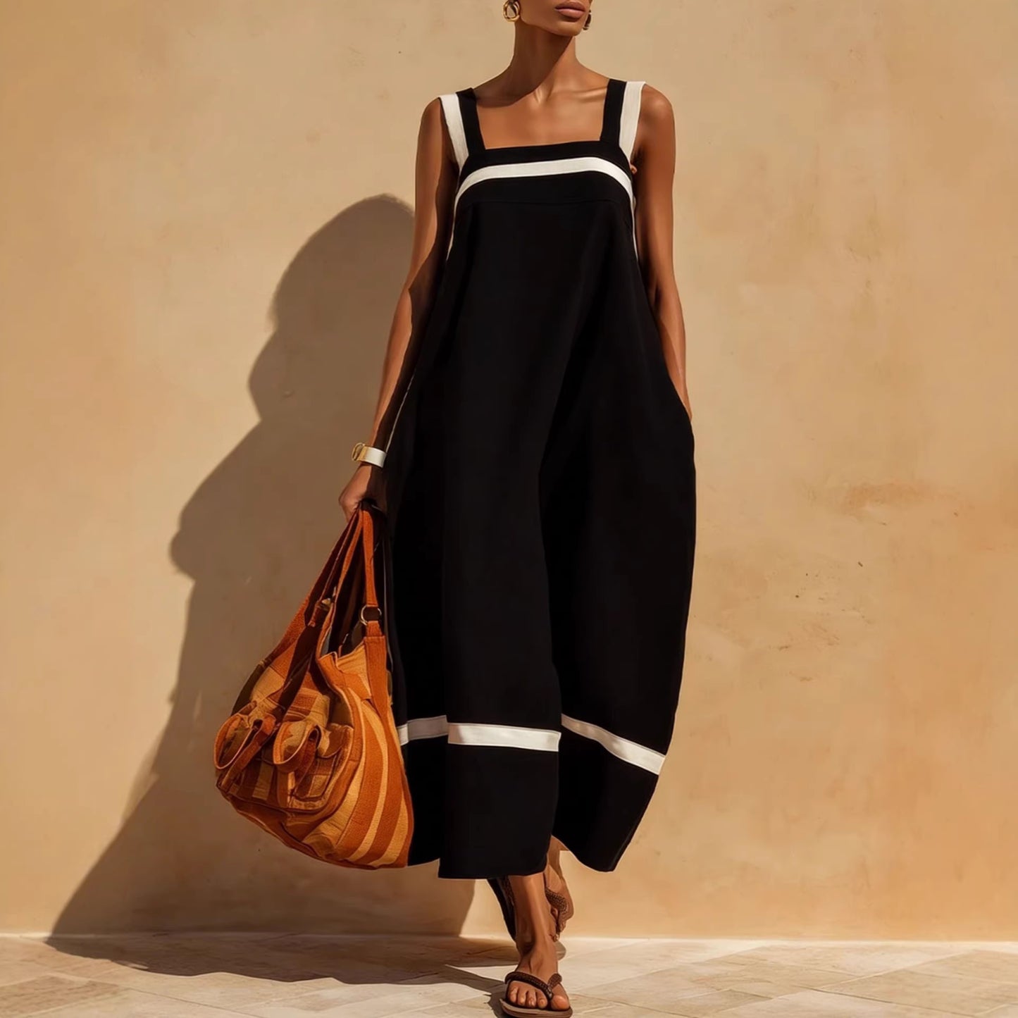 Linen Contrast White Stripe Square Neck Midi Skirt Set