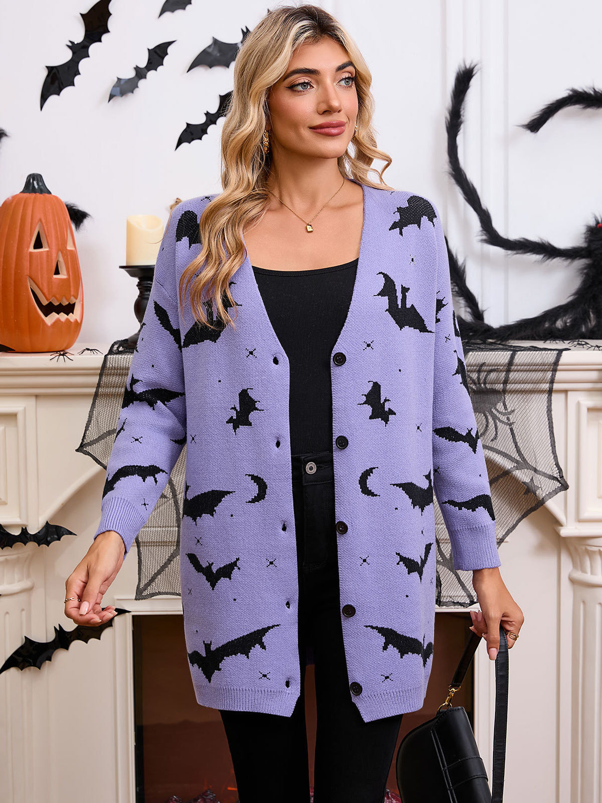 Women's Halloween Bat Moon Print V Neck Long Sleeve Button Front Knit Cardigan