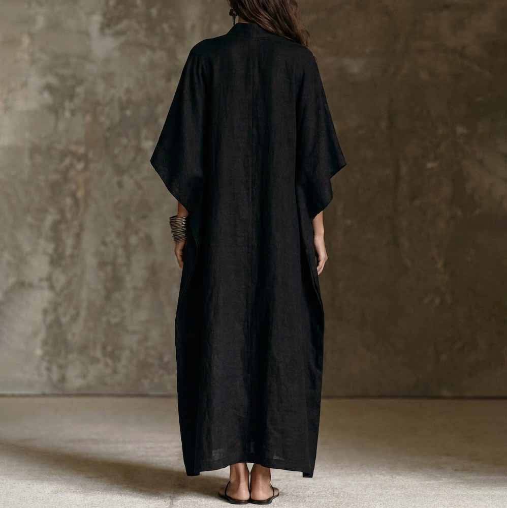 Striped Detail Stand Collar Linen Blend Kaftan Maxi Dress