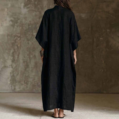 Striped Detail Stand Collar Linen Blend Kaftan Maxi Dress