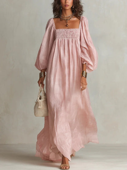 Square Neck Smocked Puff Sleeve Bohemian Maxi Dress