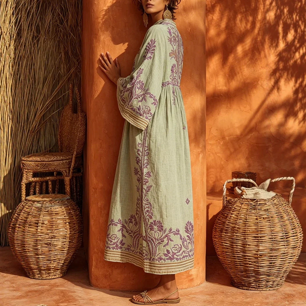 Premium Embroidered Linen-Blend Kaftan Maxi Dress