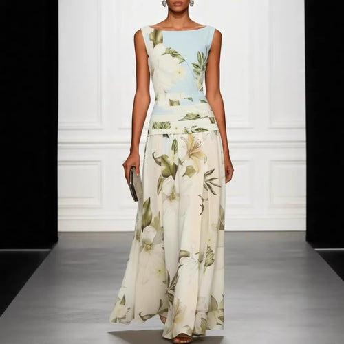 Vintage Lily Floral Color Block Maxi Gown