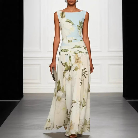 Vintage Lily Floral Color Block Maxi Gown