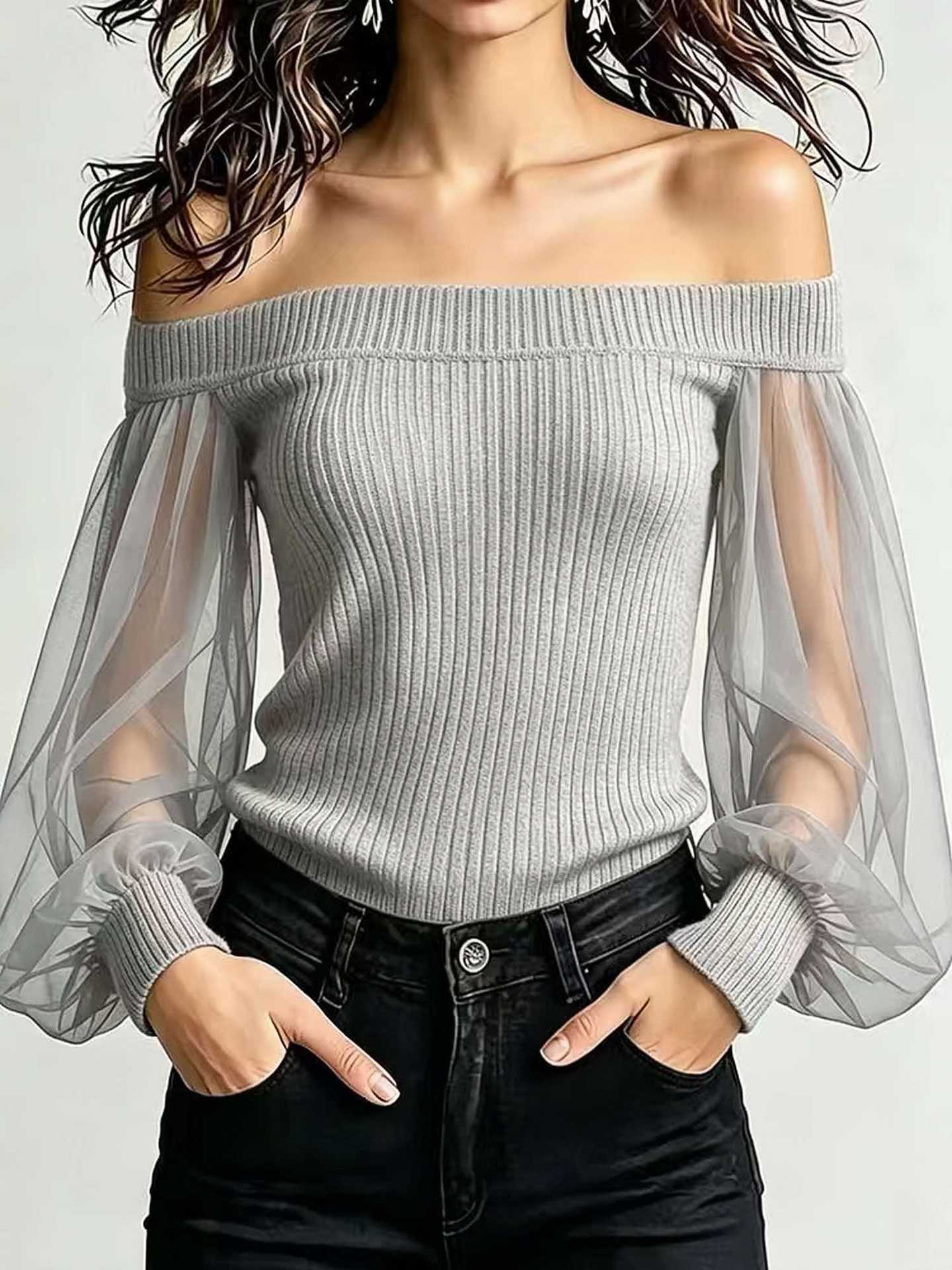 Off‑Shoulder Mesh Puff Sleeve Ribbed Knit Top