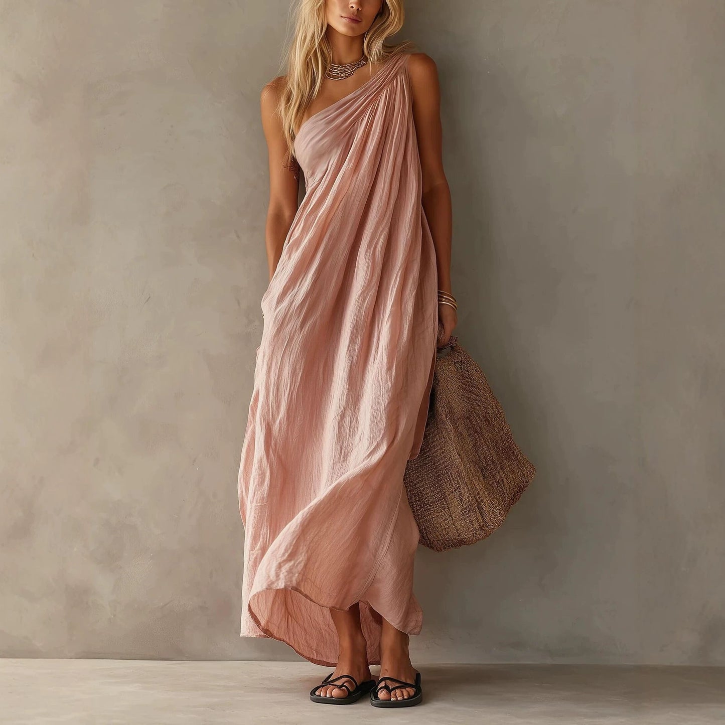 Dusty Pink One Shoulder Ruched Linen Maxi Dress