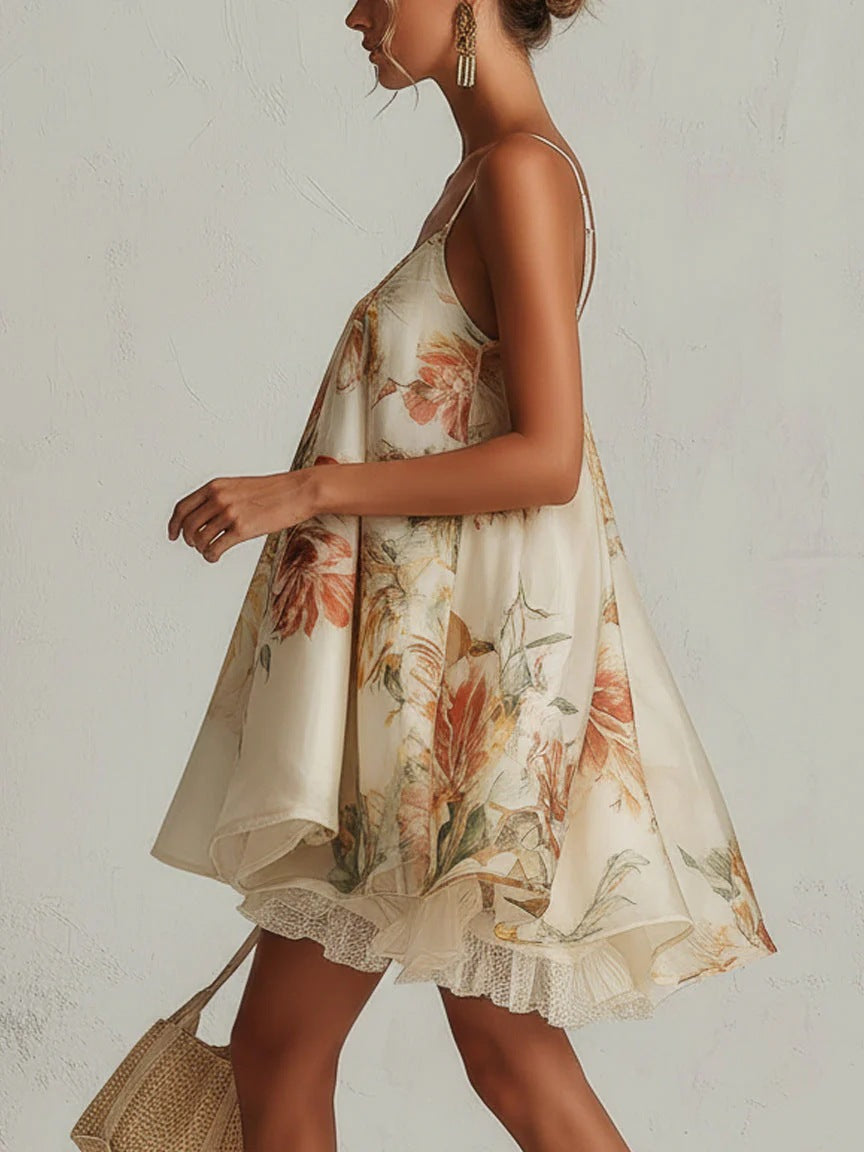 Women's Vintage Floral Print Spaghetti‑Strap High‑Low Ruffle Mini Dress