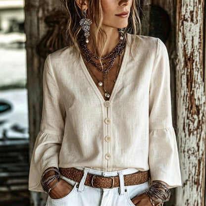 V-Neck Button-Front Bell Sleeve Blouse