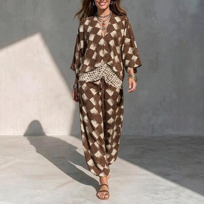 Geometric Print V‑Neck Kimono Sleeve Top & Wide‑Leg Pants Two‑Piece Set