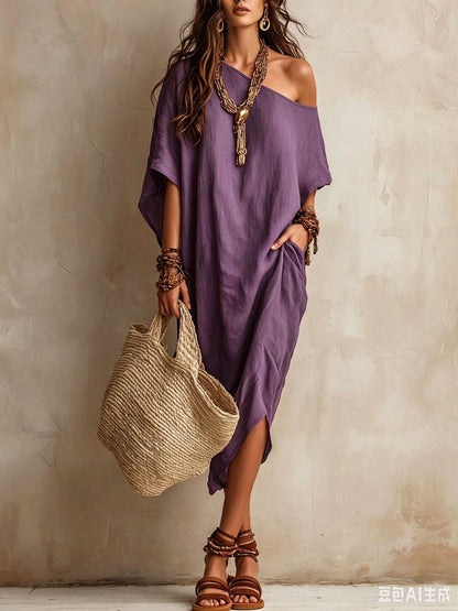 Slanted Shoulder Cotton And Linen Dress Women'S Loose Bat Sleeves Mid-Length Slit Holiday Dress
