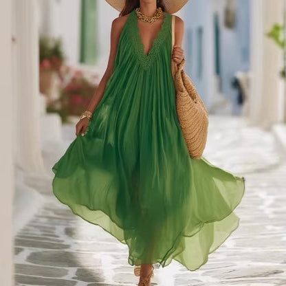 Vibrant Green Crochet Lace Halter Sheer Chiffon Flow Maxi Kaftan Dress