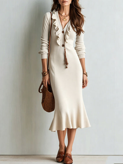 Ruffle V-Neck Knit Midi Dress with Mermaid Hem