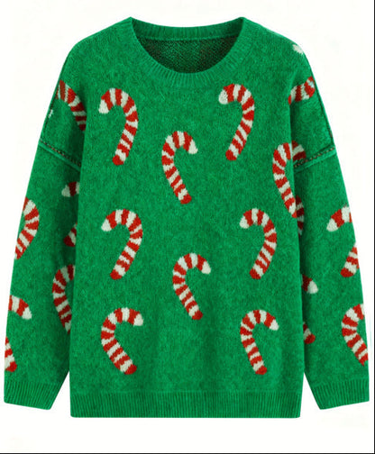 Women's Plus Size Crew Neck Candy Cane Print Long Sleeve Christmas Knit Sweater