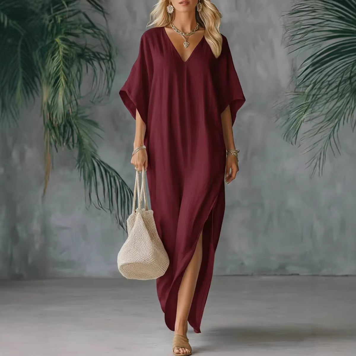 Linen Blend V-Neck Kaftan Maxi Dress