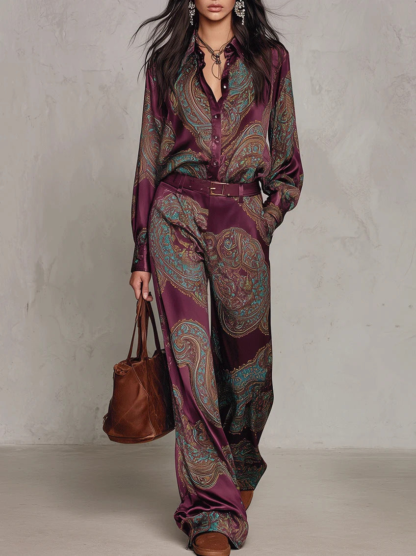 Printed Long-Sleeve Shirt And Wide-Leg Trousers Set
