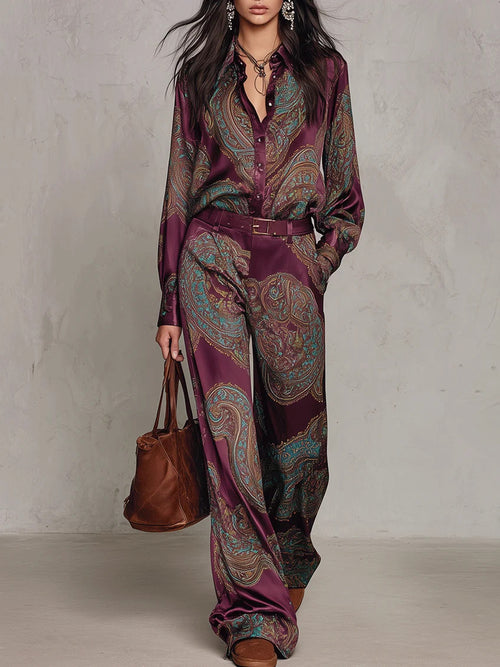 Printed Long-Sleeve Shirt And Wide-Leg Trousers Set