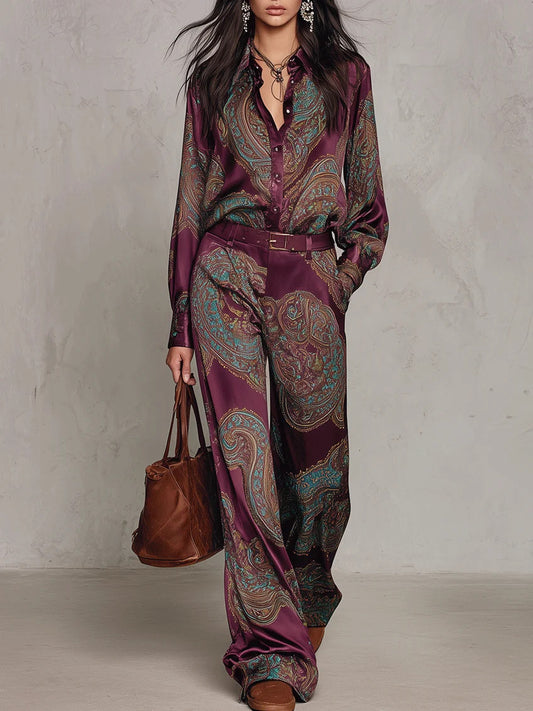 Printed Long-Sleeve Shirt And Wide-Leg Trousers Set