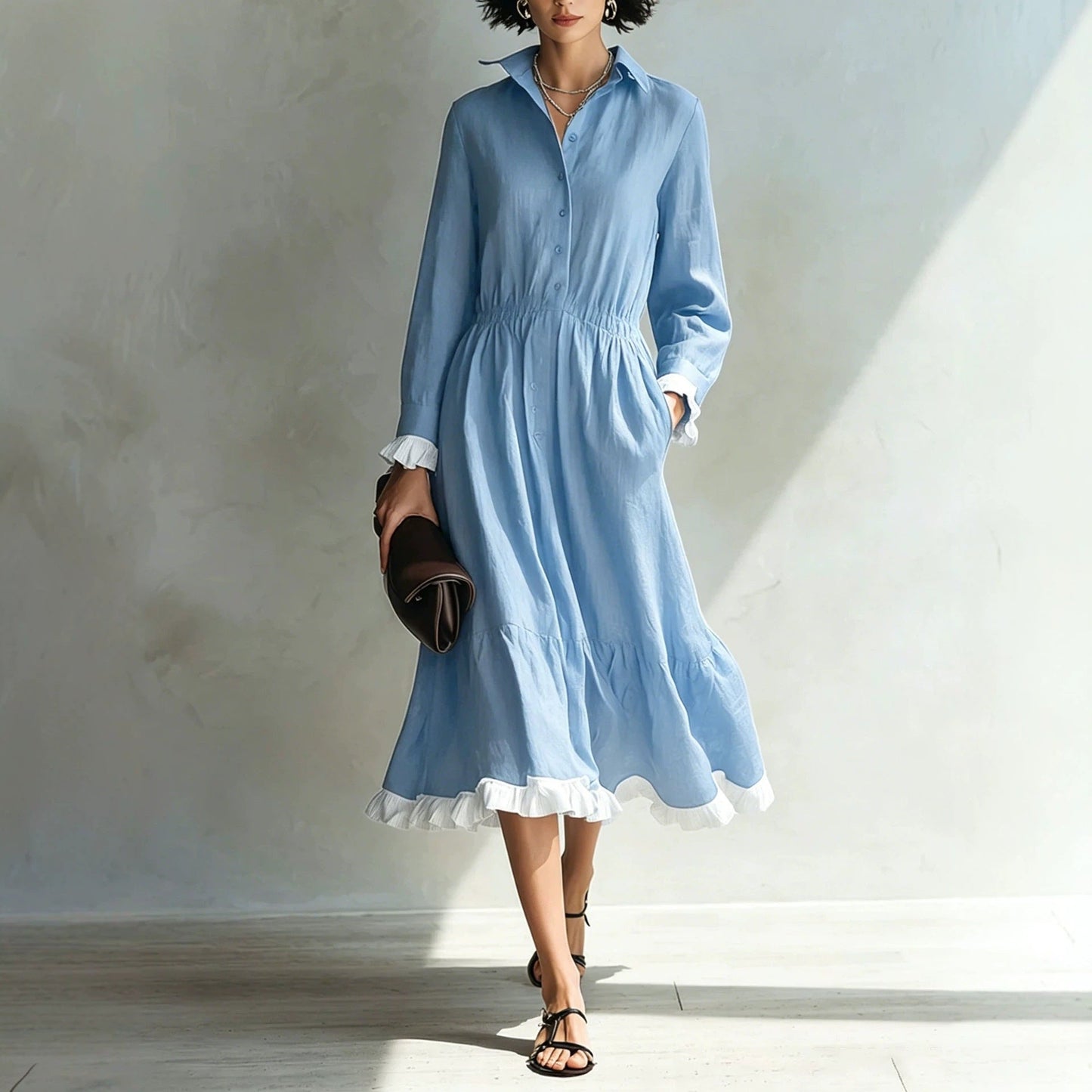 Button-Down Shirt Dress with White Ruffle Trim
