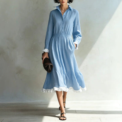 Button-Down Shirt Dress with White Ruffle Trim