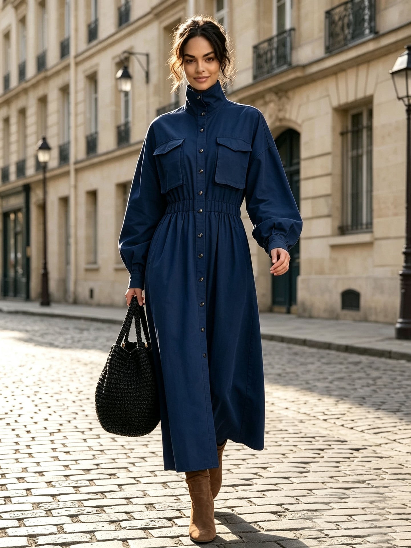 Women's Solid Beige Stand Collar Pocket Elastic Waist Long Sleeve Shirt Midi Dress