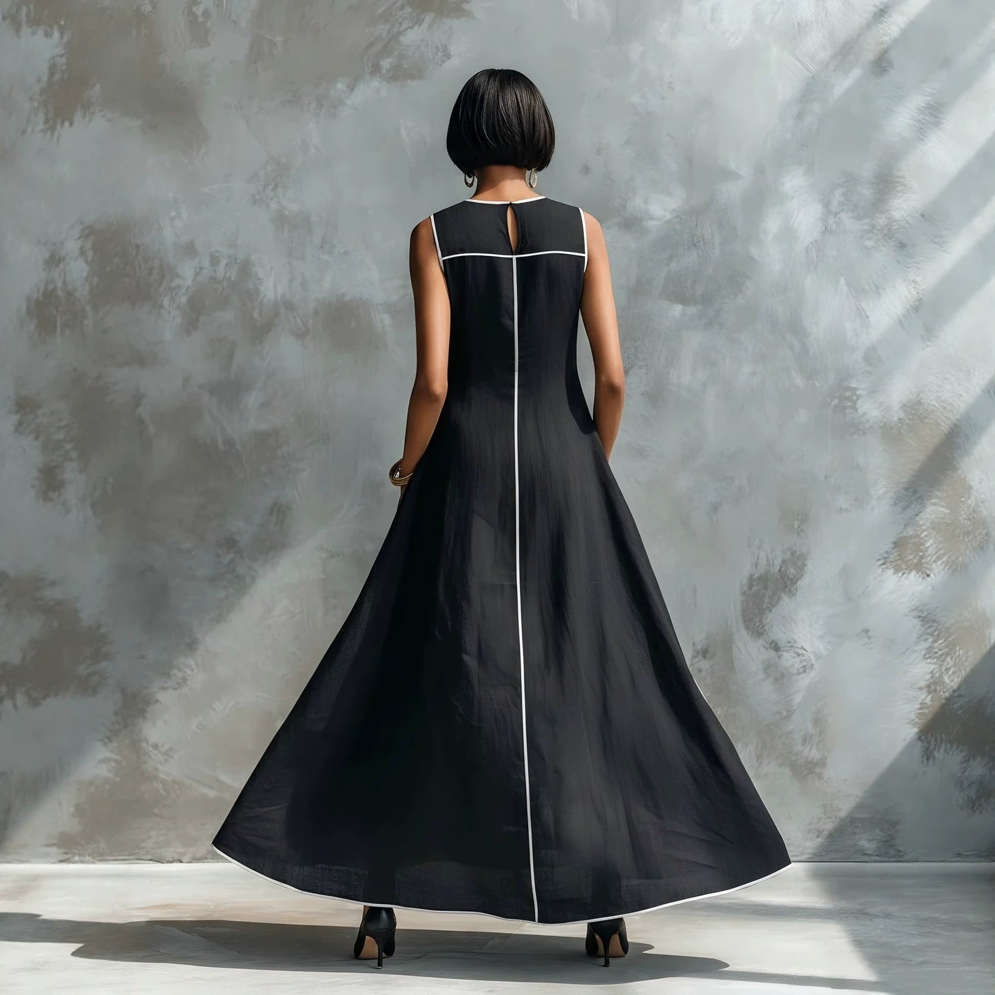 Contrast Stitching Sleeveless Linen Maxi Dress