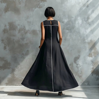 Contrast Stitching Sleeveless Linen Maxi Dress
