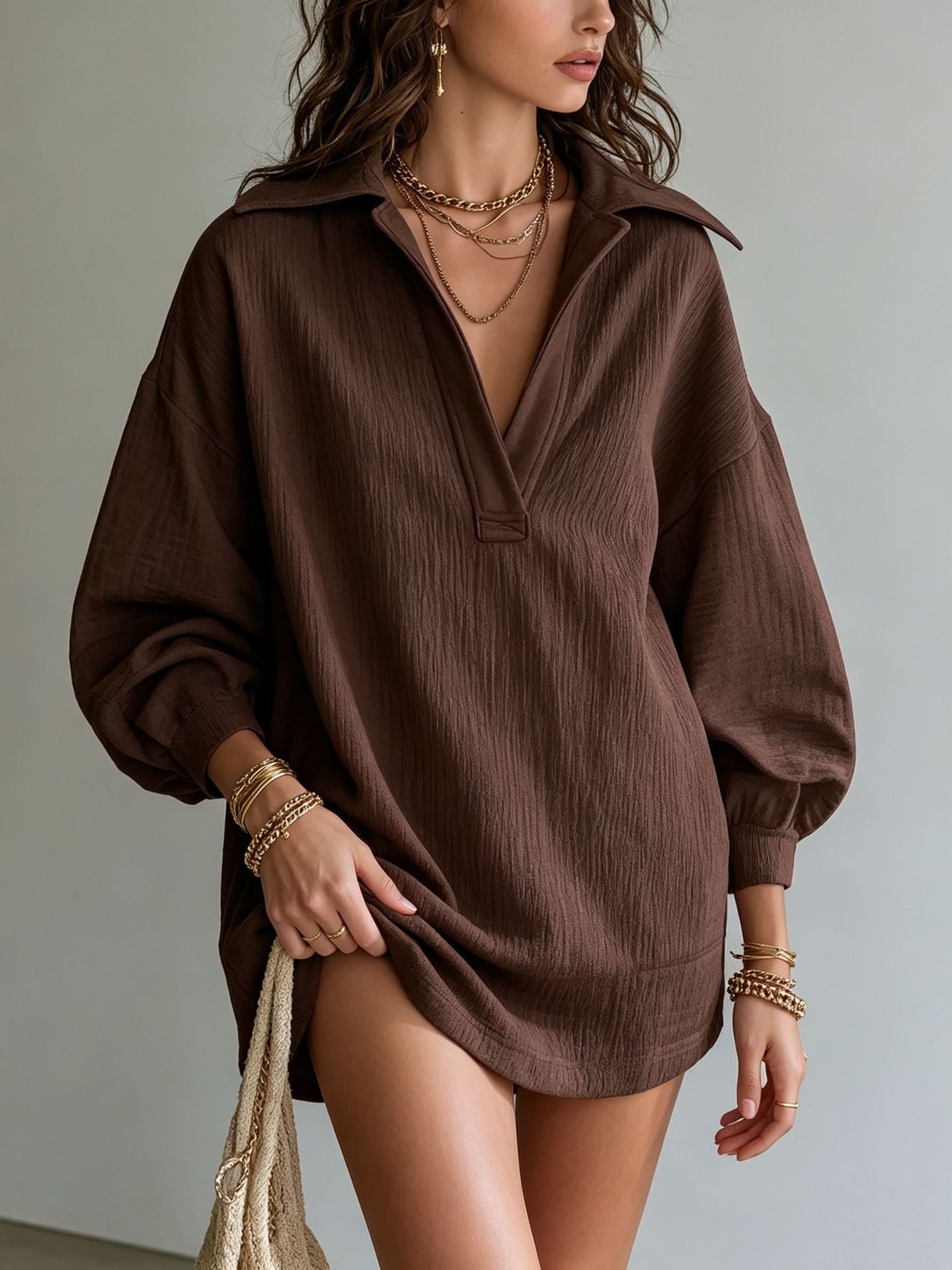 Crinkle Textured Collar V‑Neck Tunic Dress Women Loose Long Sleeve Casual Mini Dress