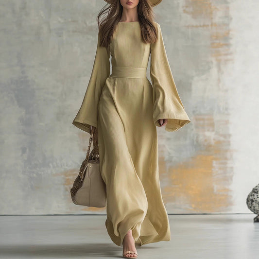 Ribbed Boat Neck Flare Sleeve Fitted Wrap Maxi Dress