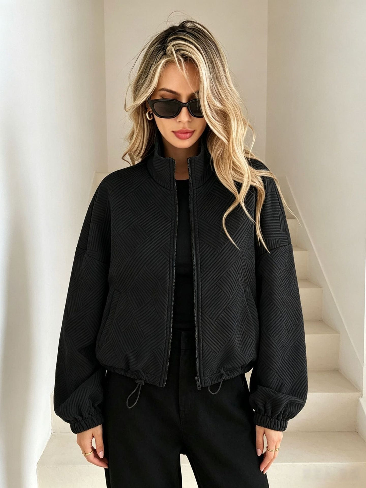 Women’s Solid Beige Geometric Textured Zip‑Up Drawstring Cropped Jacket - Black / S