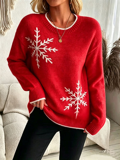 Women's Crew Neck Snowflake Print Long Sleeve Christmas Knit Sweater