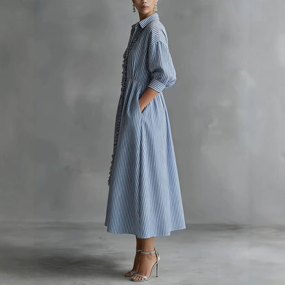 Blue‑White Stripe Ruffle Trim Shirt Midi Dress