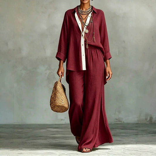 Contrast Trim Linen Shirt Wide Leg Pants 2 Piece Set