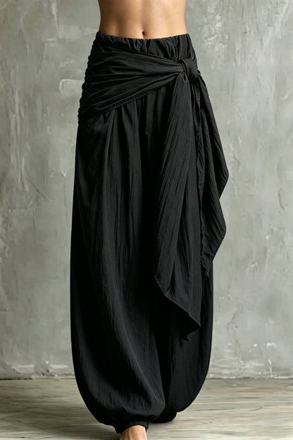 Vintage Wrap Tie Harem Pants, Loose Crinkle Cotton Linen Jogger Trousers
